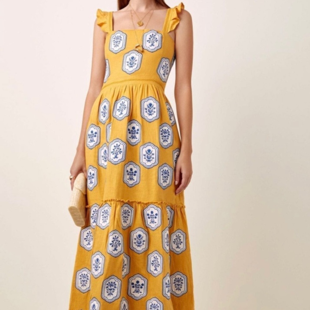 Agua by Agua Bendita Herbarium Yellow Embroidered Linen Maxi Dress, size Medium
